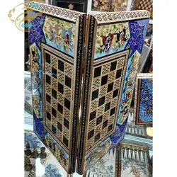 تخته نرد و شطرنج خاتم کاری با نقاشی چوگان و حاشیه تذهیب - بته چی