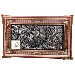 تابلو خاتم کاری تخمه دار با پلاک قلمزنی پرکار گل و مرغ