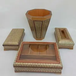 ست جعبه تی بگ، سطل و جادستمال و کارد خاتم کاری مدل تخمه دار