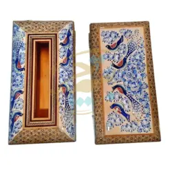 ست جعبه دستمال کاغذی و جاکاردی خاتم کاری مدل گل و مرغ آبی - بته چی