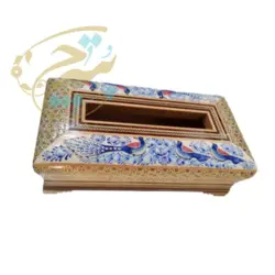 ست جعبه دستمال کاغذی و جاکاردی خاتم کاری مدل گل و مرغ آبی - بته چی