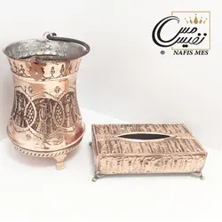 ست سطل زباله و جا دستمال کاغذی مسی قلم زنی- نفیس مس