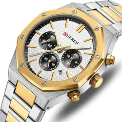 ساعت مچی مردانه کارن 8440 نقره ای-طلایی-سفید (کورن CURREN) پسرانه زنانه دخترانه هوشمند اسپرت دیجیتال سه موتوره