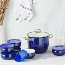سرویس قابلمه ماست ساز ۸ پارچه لعابی کاراجا مدل سرمه ای retro - اروم‌کاراجا