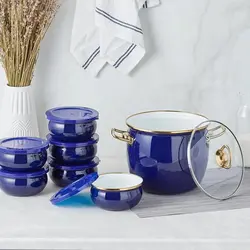 سرویس قابلمه ماست ساز ۸ پارچه لعابی کاراجا مدل سرمه ای retro - اروم‌کاراجا