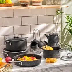 ست جهیزیه ماهیتابه و قابلمه 14 پارچه رژیمی گرانیت خاکستری کاراجا کد 153.03.08.1599