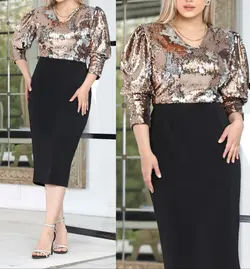 امیلی میدی مجلسی ماکسی زنانه کرپ کش صادراتی و پولک‌جادویی دورو مزوندوز - فروشگاه الماس مزون