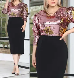 امیلی میدی مجلسی ماکسی زنانه کرپ کش صادراتی و پولک‌جادویی دورو مزوندوز - فروشگاه الماس مزون