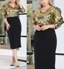 امیلی میدی مجلسی ماکسی زنانه کرپ کش صادراتی و پولک‌جادویی دورو مزوندوز - فروشگاه الماس مزون