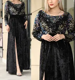 وانیل ماکسی مجلسی شب مخمل و پولک مزوندوز تا۵۰ - فروشگاه الماس مزون