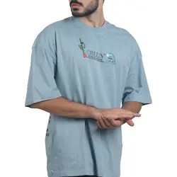 تیشرت مردانه یقه گرد آبی طرح کاکتوس برند BREEZY
