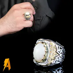 انگشتر دستساز نقره اوپال سفید مخراج الماس طبیعی افریقایی کد ۶۱۸۱