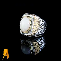 انگشتر دستساز نقره اوپال سفید مخراج الماس طبیعی افریقایی کد ۶۱۸۱