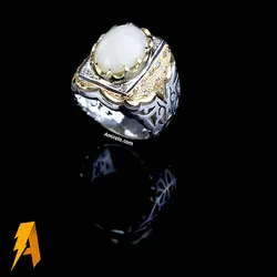 انگشتر دستساز نقره اوپال سفید مخراج الماس طبیعی افریقایی کد ۶۱۸۱