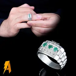 انگشتر دستساز نقره زمرد معدنی زامبیا با مخراج الماس معدنی افریقایی کد ۸۸۹۱