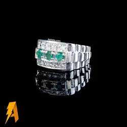 انگشتر دستساز نقره زمرد معدنی زامبیا با مخراج الماس معدنی افریقایی کد ۸۸۹۱