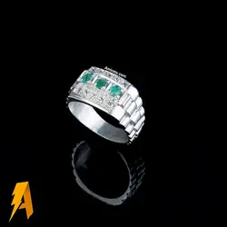 انگشتر دستساز نقره زمرد معدنی زامبیا با مخراج الماس معدنی افریقایی کد ۸۸۹۱