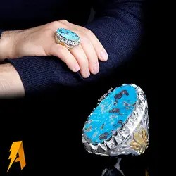 انگشتر دستساز نقره فیروزه نیشابوری با مخراج الماس طبیعی افریقایی کد ۳۹۸۳