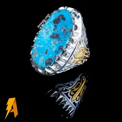 انگشتر دستساز نقره فیروزه نیشابوری با مخراج الماس طبیعی افریقایی کد ۳۹۸۳