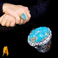 انگشتر دستساز نقره فیروزه نیشابوری با مخراج الماس معدنی افریقایی کد ۹۴۵۷