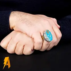 انگشتر دستساز نقره فیروزه نیشابوری با مخراج الماس معدنی افریقایی کد ۹۴۵۷