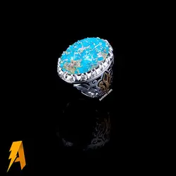 انگشتر دستساز نقره فیروزه نیشابوری با مخراج الماس معدنی افریقایی کد ۹۴۵۷