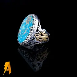 انگشتر دستساز نقره فیروزه نیشابوری با مخراج الماس معدنی افریقایی کد ۹۴۵۷