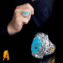 انگشتر دستساز نقره فیروزه نیشابوری و مخراج الماس طبیعی افریقایی کد ۸۶۱۳