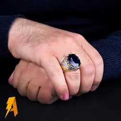 انگشتر دستساز نقره یاقوت کبود معدنی مخراج الماس طبیعی کد ۴۵۱۸