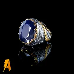 انگشتر دستساز نقره یاقوت کبود معدنی مخراج الماس طبیعی کد ۴۵۱۸