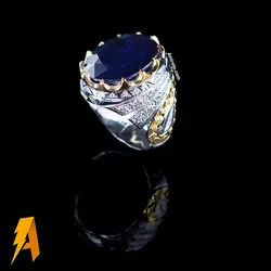 انگشتر دستساز نقره یاقوت کبود معدنی مخراج الماس طبیعی کد ۴۵۱۸