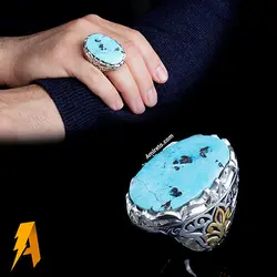 انگشتر نقره دستساز فیروزه نیشابوری با مخراج الماس طبیعی افریقایی کد ۳۵۹۷