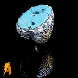 انگشتر نقره دستساز فیروزه نیشابوری با مخراج الماس طبیعی افریقایی کد ۳۵۹۷