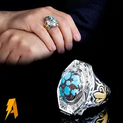 انگشتر نقره فیروزه نیشابوری با مخراج الماس معدنی افریقایی کد ۹۳۲۸