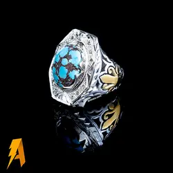 انگشتر نقره فیروزه نیشابوری با مخراج الماس معدنی افریقایی کد ۹۳۲۸