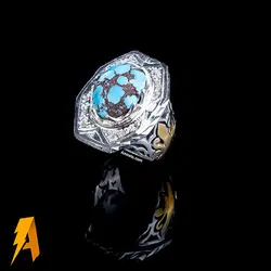 انگشتر نقره فیروزه نیشابوری با مخراج الماس معدنی افریقایی کد ۹۳۲۸