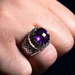 انگشتره دستساز نقره امیتیست معدنی و طبیعی تراشی فوق العاده برای خاص پسندان کد۹۱۸۴