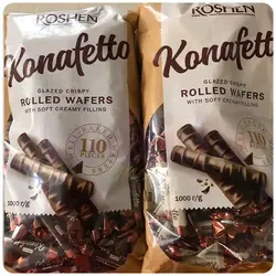 ویفر رولی کنافتو روشن مغز فندقی و روکش شکلات تلخ بسته یک کیلوییRoshen Konafetto Chocolate Covered Roll Wafer Candy 1Kg