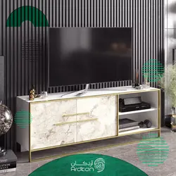 میز تلویزیون طرح سنگ سفید با پایه استیل طلایی