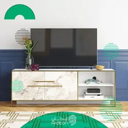 میز تلویزیون طرح سنگ سفید با پایه استیل طلایی