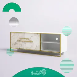 میز تلویزیون طرح سنگ سفید با پایه استیل طلایی