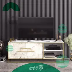 میز تلویزیون طرح سنگ سفید با پایه استیل طلایی
