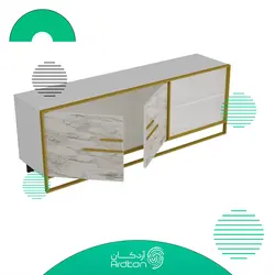 میز تلویزیون طرح سنگ سفید با پایه استیل طلایی