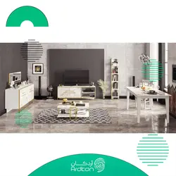 میز تلویزیون طرح سنگ سفید با پایه استیل طلایی