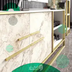 میز تلویزیون طرح سنگ سفید با پایه استیل طلایی