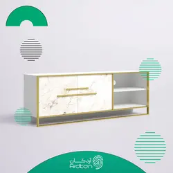میز تلویزیون طرح سنگ سفید با پایه استیل طلایی