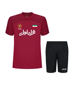 ست تیشرت شورت همراه اول طرح تیم ملی کشتی رنگ زرشکی tsh22z