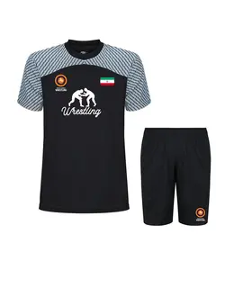ست تیشرت شورت کشتی طرح اتحادیه جهانی رنگ مشکی tsh22m2