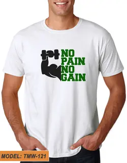 تیشرت سفید طرح دار نقش بدنسازی NO PAIN NO GAIN کد TMW121