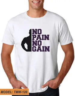 تیشرت سفید طرح دار نقش بدنسازی NO PAIN NO GAIN کد TMW120